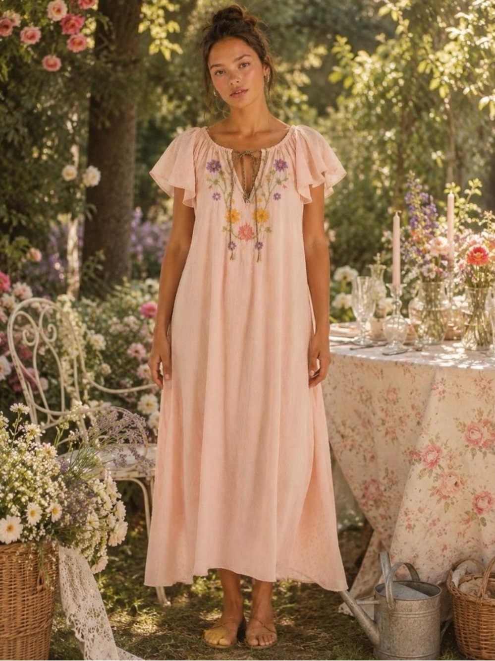 Free People Savannah Rose Embroidered Flutter-Sleeve Midi Dress